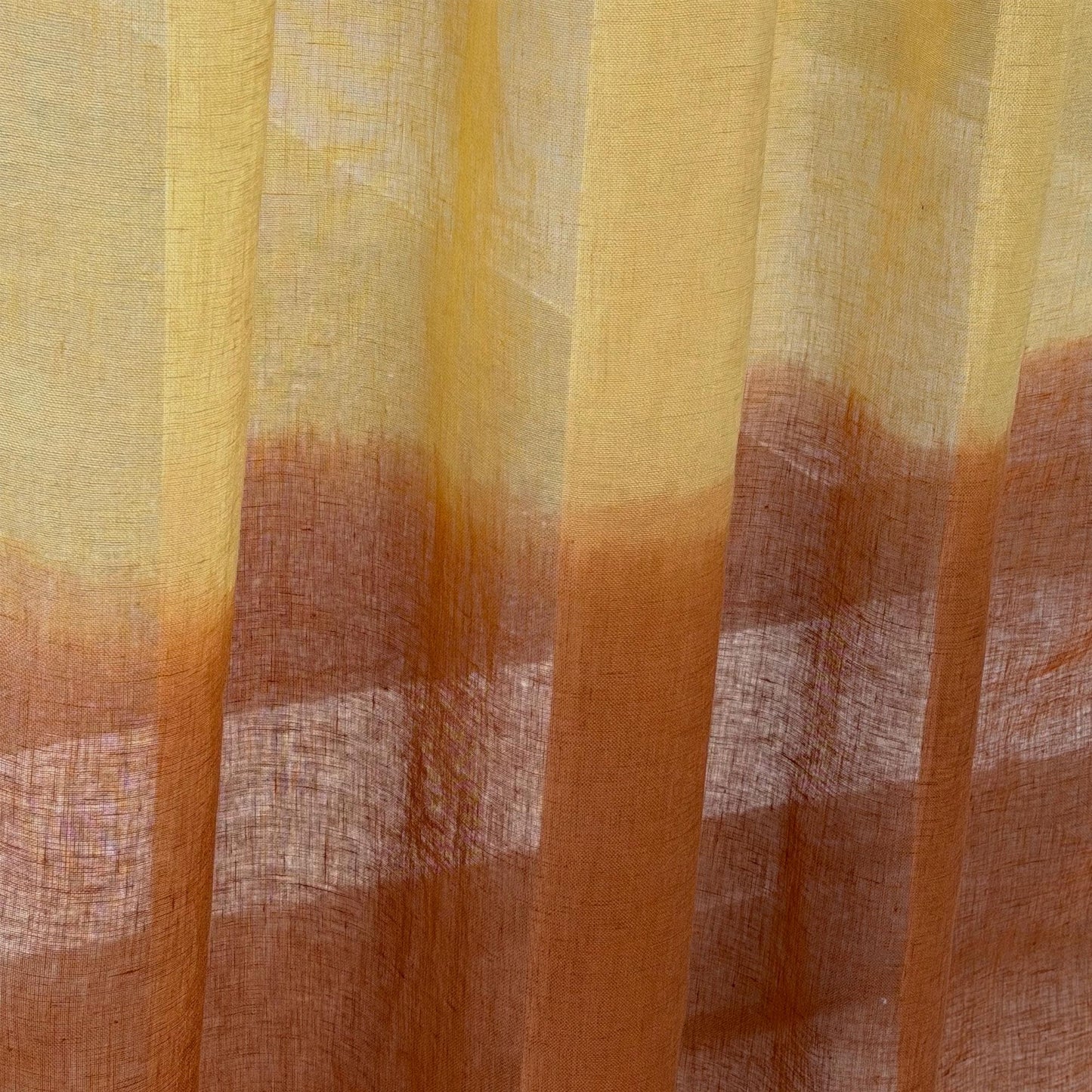 Linen Panel — Warm Beige hanging by a window, filtering daylight in a styled interior