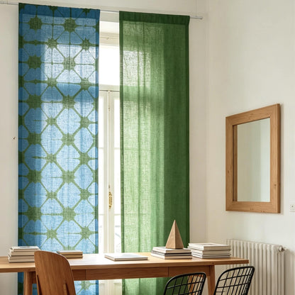 close-up of Motif Linen Noren — Plaid showing the natural resist-dye motif on linen