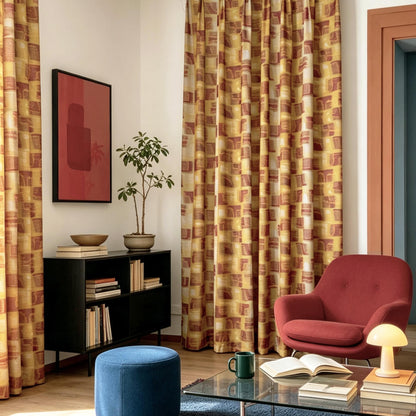 Pattern Drapery — Golden Ochre shown in a bedroom interior with soft natural light