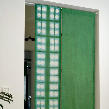 detail view of Motif Linen Noren — Soft Moss showing plant-dyed linen texture and pattern