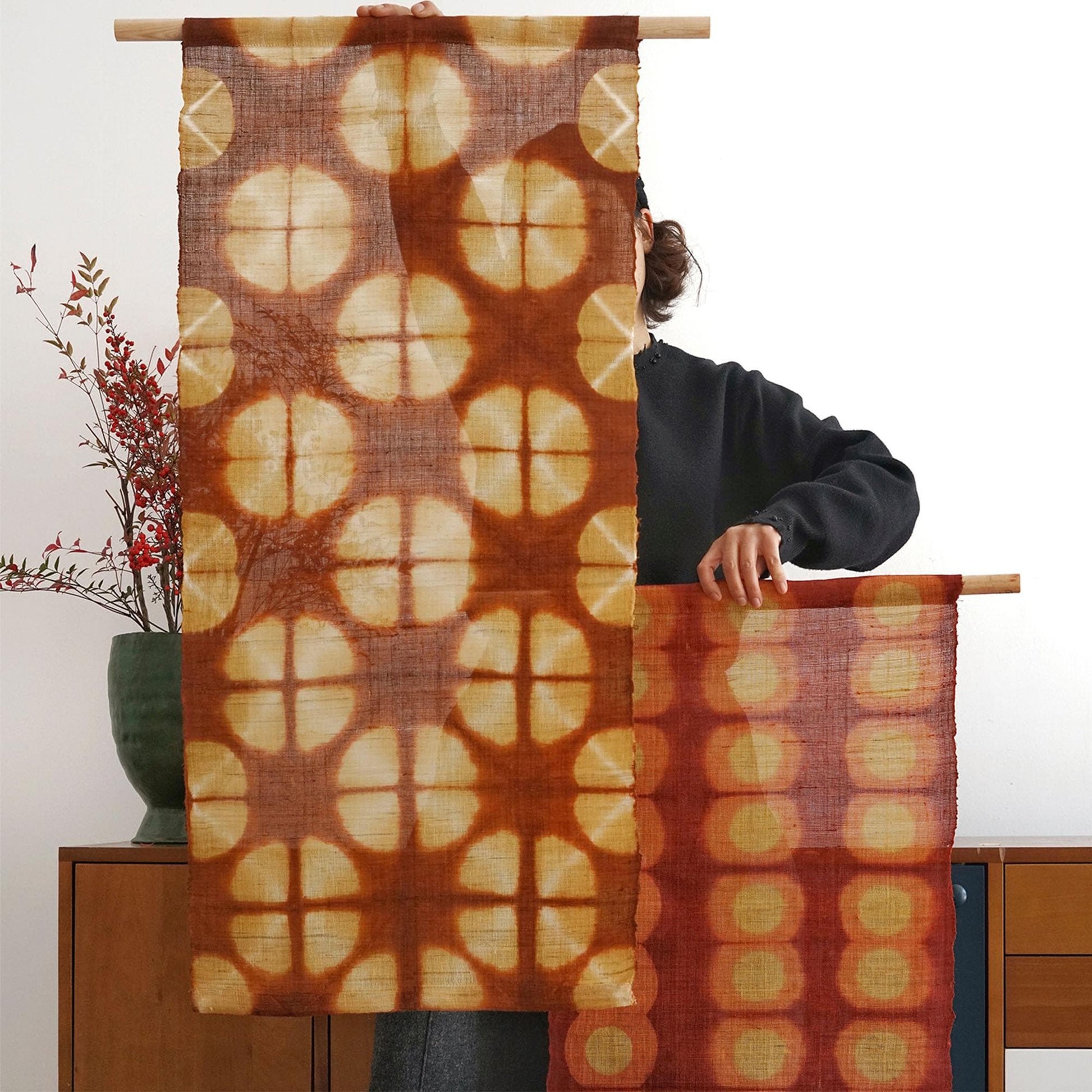 detail view of Ramie Cloth — Berry showing natural ramie weave and resist-dye pattern