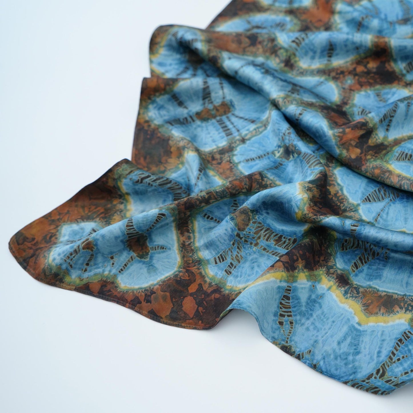 Scarf — Aqua Bloom styled and worn, showing the natural plant-dyed pattern