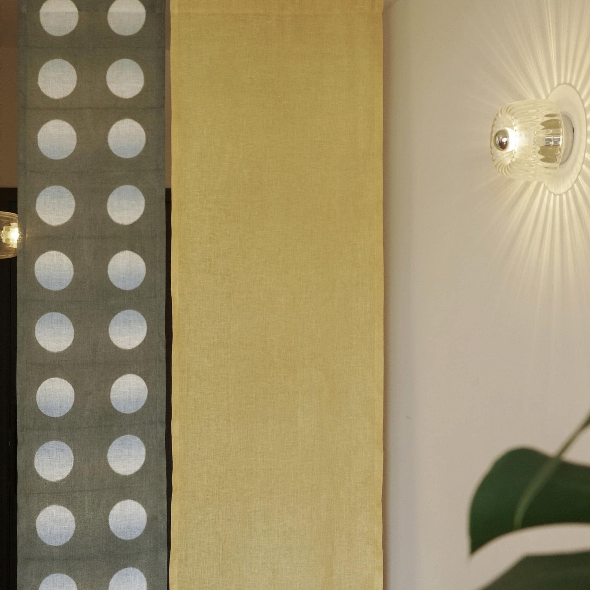 styled room scene with Polka Dot Linen Noren — Grey / Yellow used as a window or doorway curtain