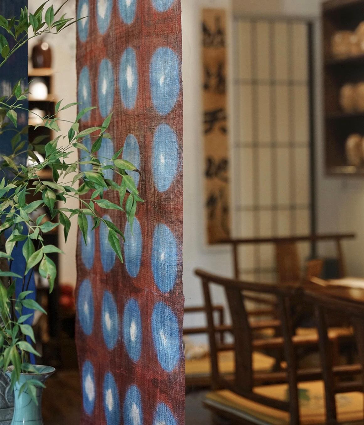 styled interior scene with Ramie Cloth — Red Dots used as a curtain or screen
