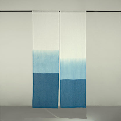 Minimalist Japanese noren 'Mist Blue' — soft handmade plant-dyed linen doorway curtain.