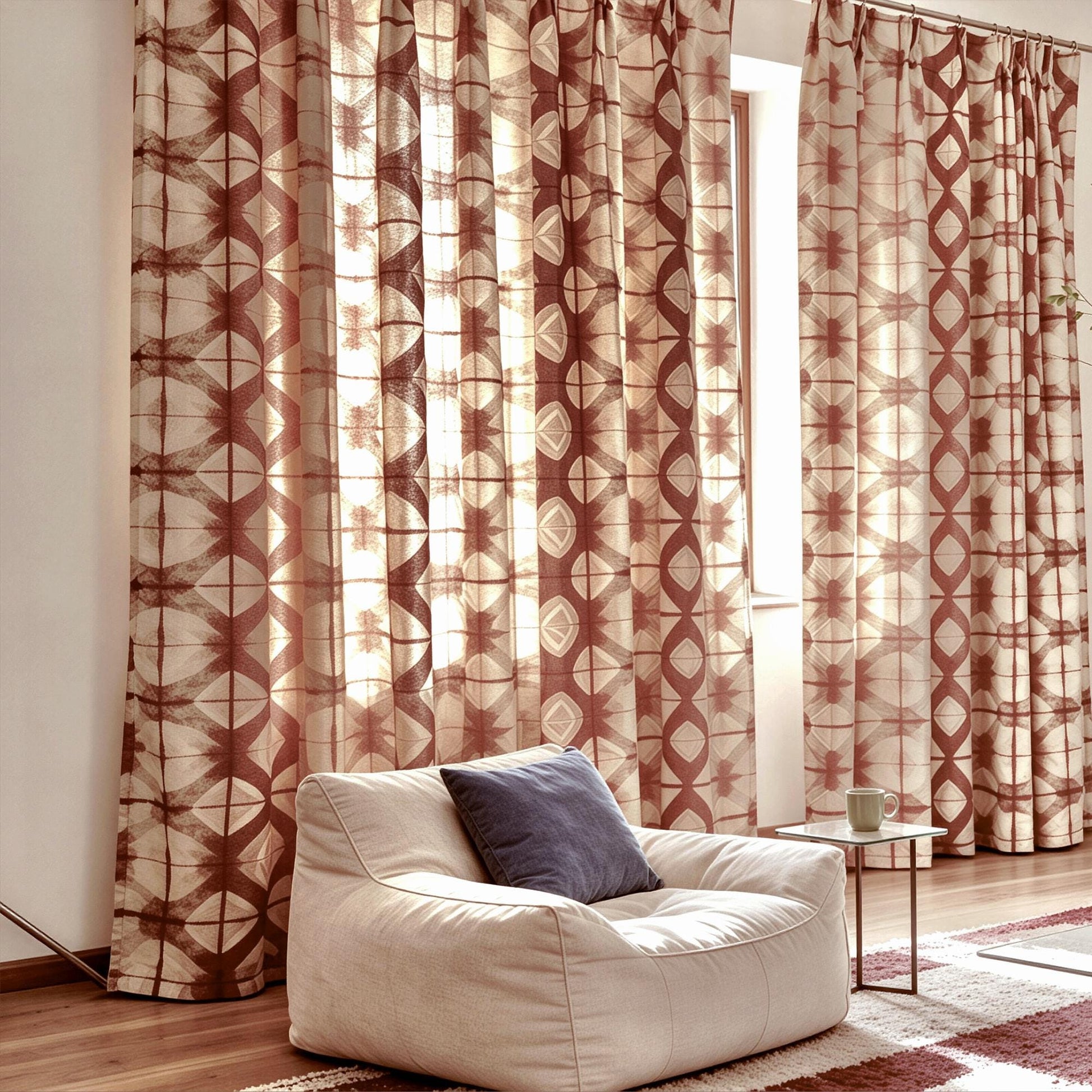 Pattern Drapery — Dusty Rose shown in a bedroom interior with soft natural light